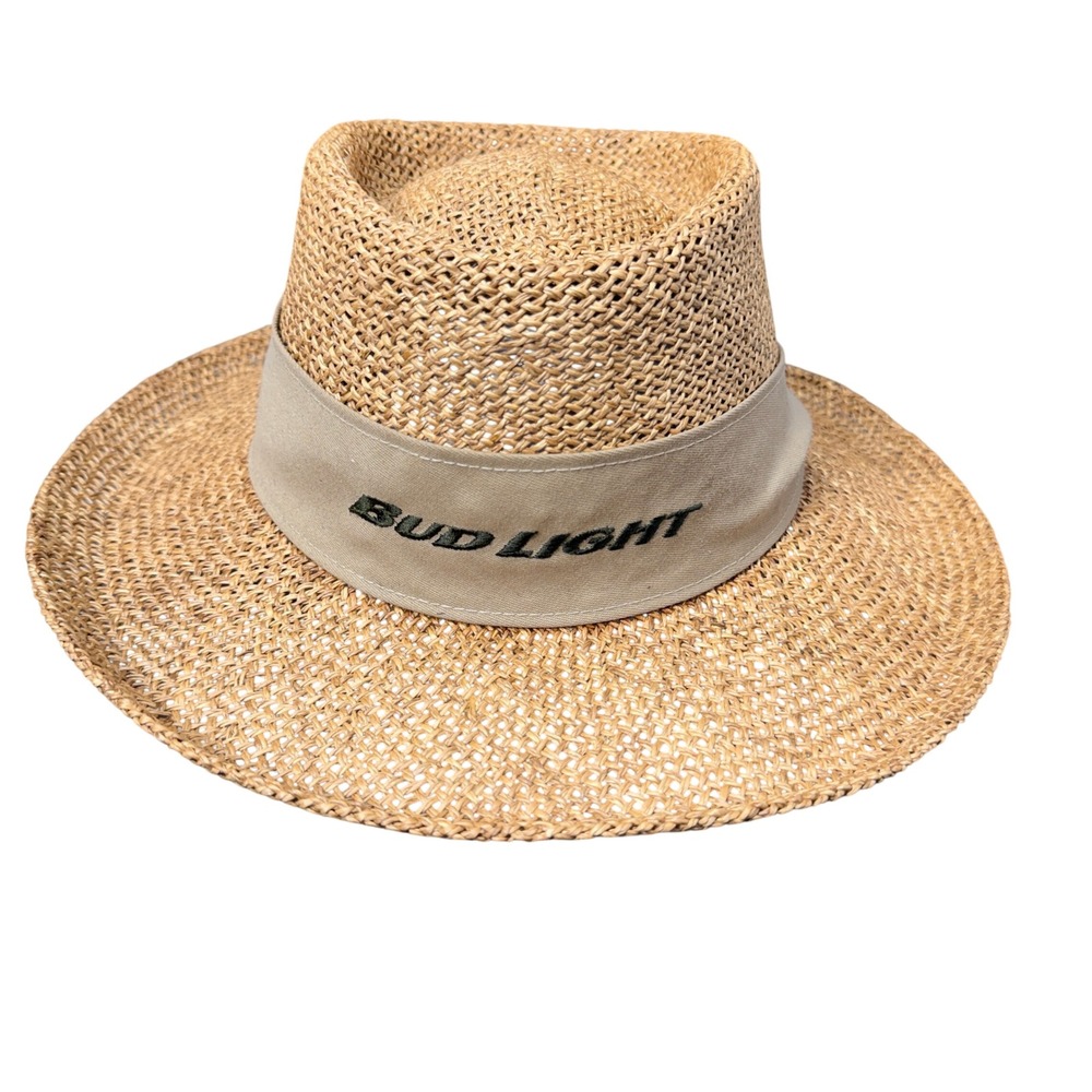 Bud Light Mens Straw Fedora Hat Tan Sun Hat Embroidered Logo Summer Beach